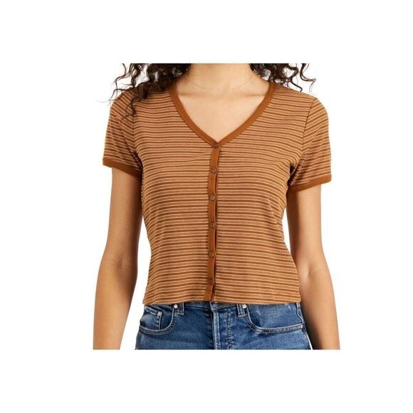 Self Esteem 13MPAQHP Women's Sz XS Glazed Ginger Striped Ribbed V-Neck Knit Tee - Picture 5 of 5